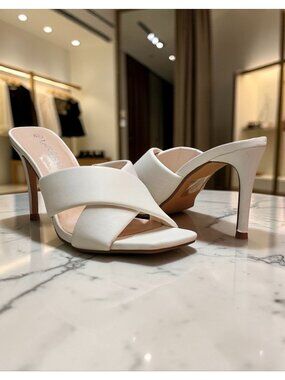 White Cross Strap Stiletto Heel Mules With Square Toe Design For Women